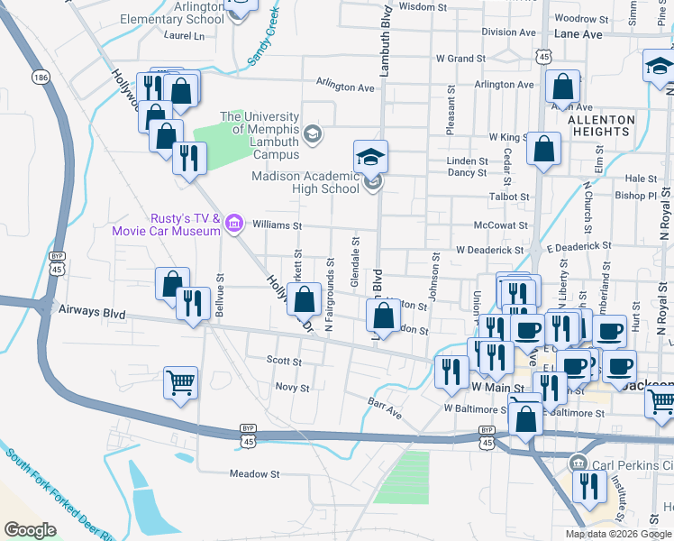 map of restaurants, bars, coffee shops, grocery stores, and more near 216 North Fairgrounds Street in Jackson