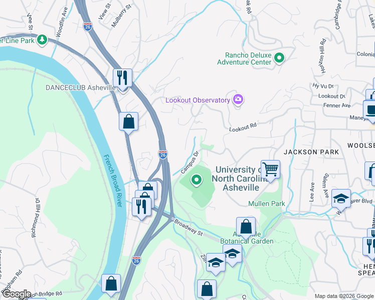 map of restaurants, bars, coffee shops, grocery stores, and more near 48 Relic Lane in Woodfin