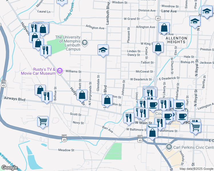 map of restaurants, bars, coffee shops, grocery stores, and more near 407 Lambuth Boulevard in Jackson