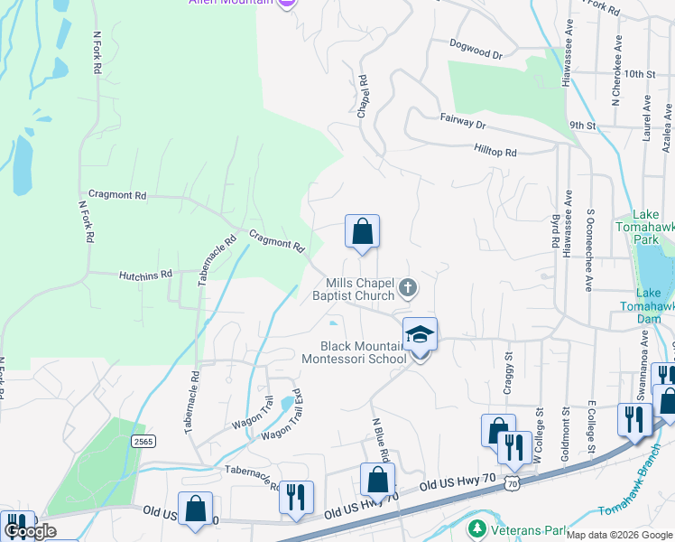map of restaurants, bars, coffee shops, grocery stores, and more near 10 Asa Court in Black Mountain