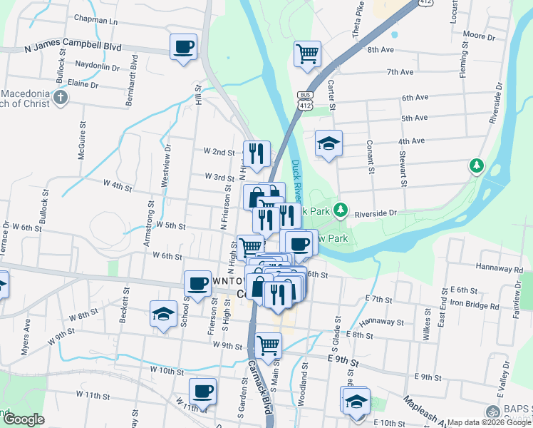 map of restaurants, bars, coffee shops, grocery stores, and more near 500 North Garden Street in Columbia