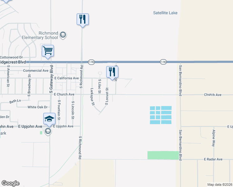 map of restaurants, bars, coffee shops, grocery stores, and more near 1300 East Church Avenue in Ridgecrest