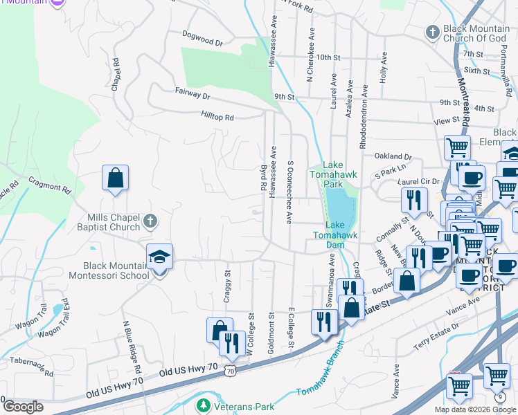 map of restaurants, bars, coffee shops, grocery stores, and more near 29 Byrd Road in Black Mountain