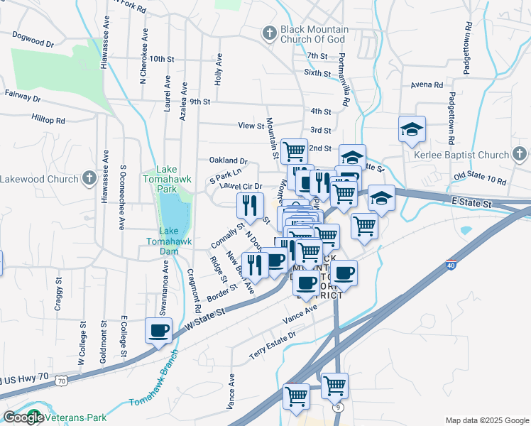 map of restaurants, bars, coffee shops, grocery stores, and more near 124 Church Street in Black Mountain