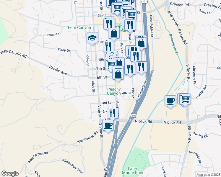 map of restaurants, bars, coffee shops, grocery stores, and more near 622 5th Street in Paso Robles