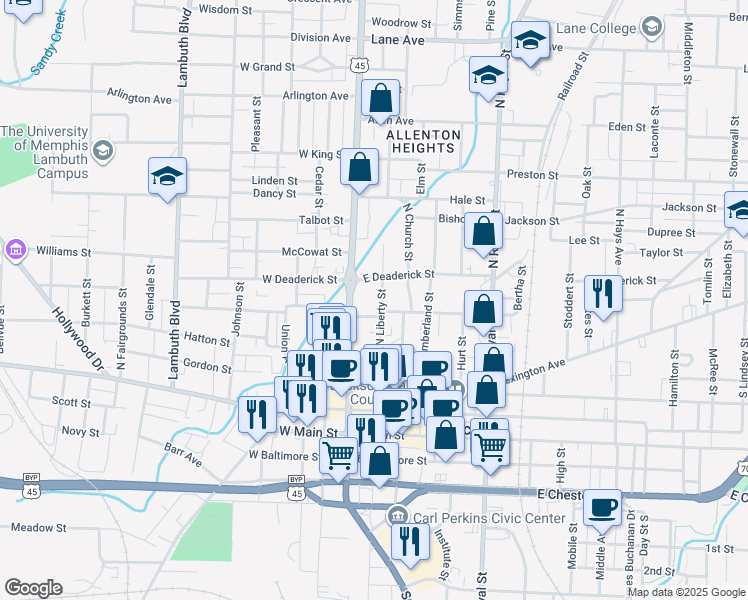 map of restaurants, bars, coffee shops, grocery stores, and more near 393 North Liberty Street in Jackson