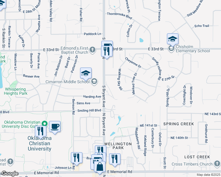 map of restaurants, bars, coffee shops, grocery stores, and more near 3724 Summer Cloud Drive in Edmond