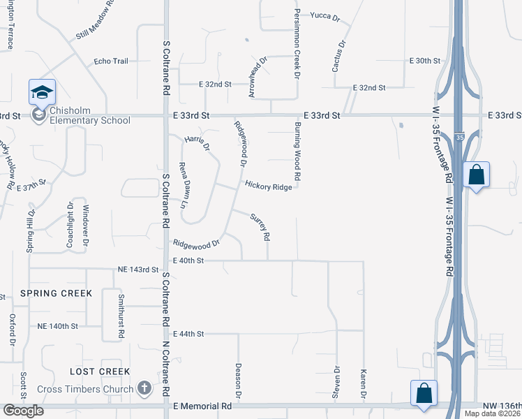 map of restaurants, bars, coffee shops, grocery stores, and more near 3712 Surrey Road in Edmond
