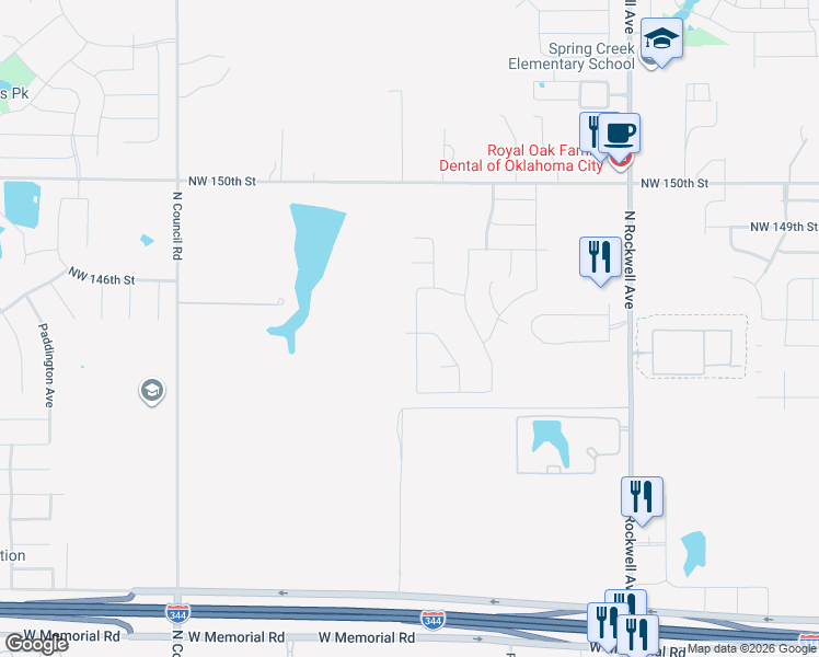 map of restaurants, bars, coffee shops, grocery stores, and more near 15051 Rick Road in Oklahoma City