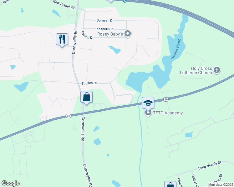 map of restaurants, bars, coffee shops, grocery stores, and more near 80 Austin Pond Road in Clayton