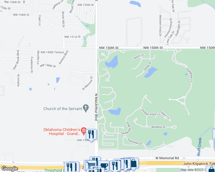 map of restaurants, bars, coffee shops, grocery stores, and more near 14616 Mistletoe Drive in Oklahoma City