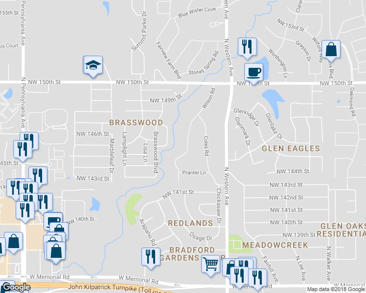 map of restaurants, bars, coffee shops, grocery stores, and more near 14501 Wilson Road in Edmond