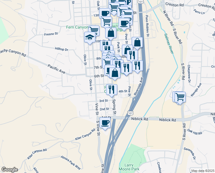 map of restaurants, bars, coffee shops, grocery stores, and more near 622 5th Street in Paso Robles