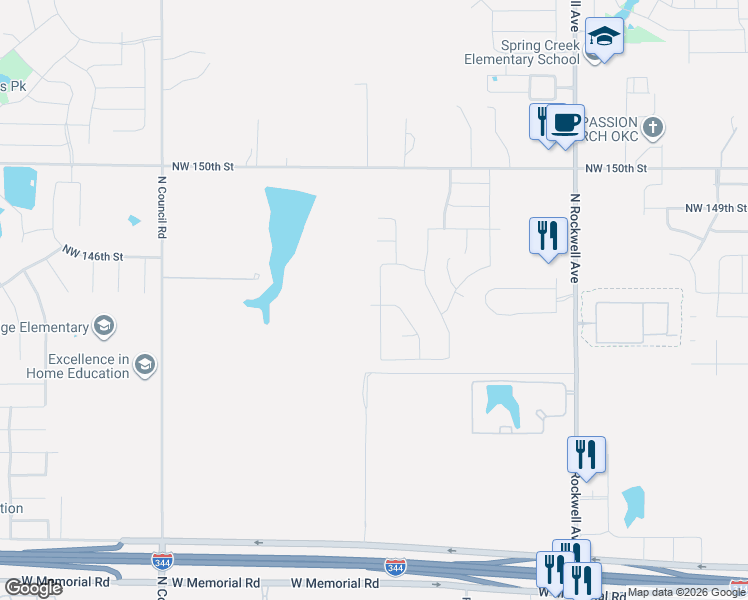 map of restaurants, bars, coffee shops, grocery stores, and more near 14601 Travertine Falls LN in Oklahoma City