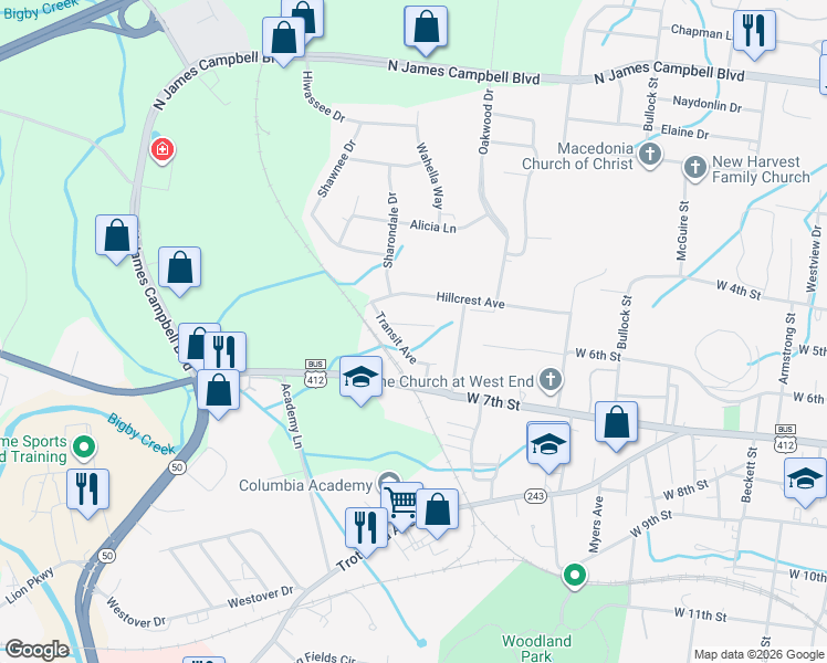 map of restaurants, bars, coffee shops, grocery stores, and more near 610 Transit Avenue in Columbia