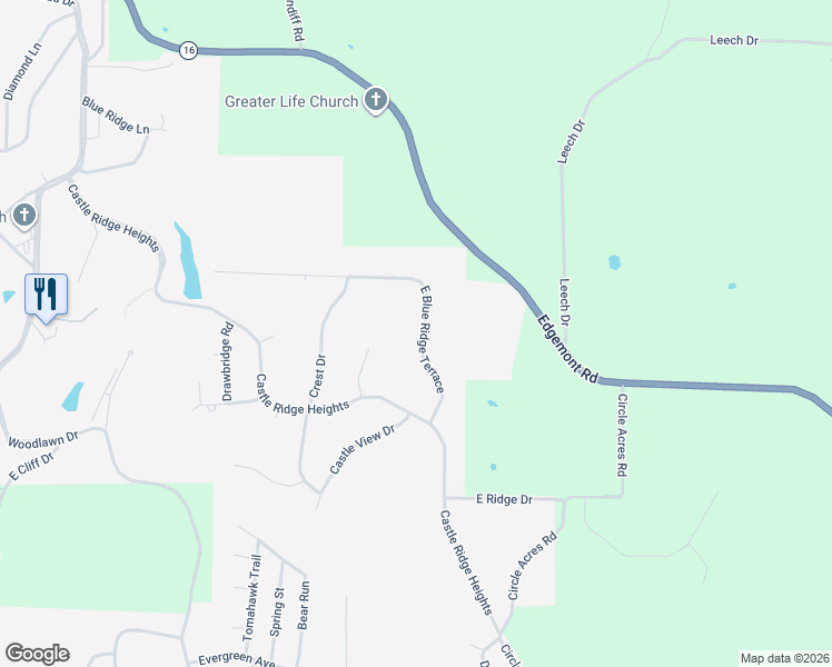 map of restaurants, bars, coffee shops, grocery stores, and more near 125 East Blue Ridge Terrace in Fairfield Bay