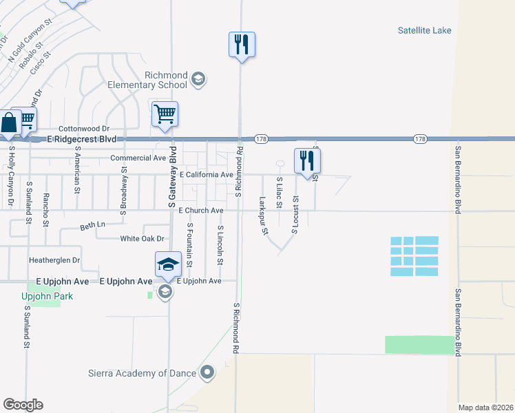 map of restaurants, bars, coffee shops, grocery stores, and more near 243 Larkspur Street in Ridgecrest