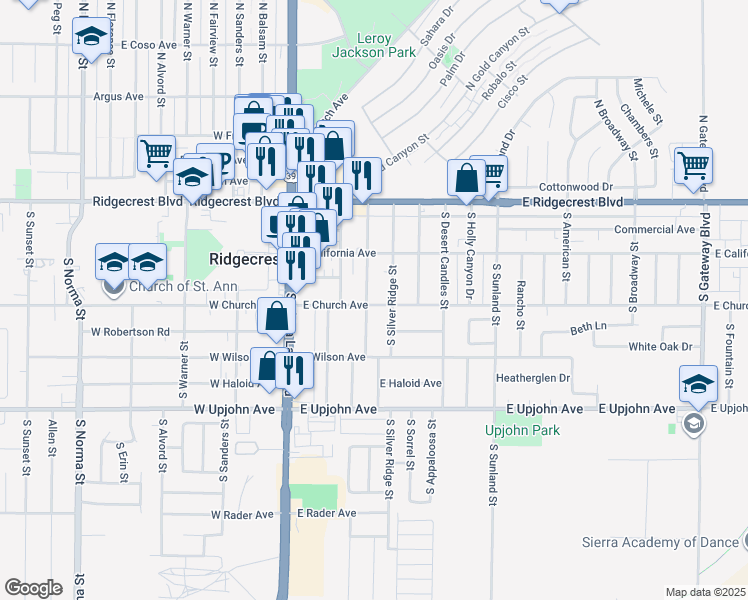 map of restaurants, bars, coffee shops, grocery stores, and more near 226 East Church Avenue in Ridgecrest