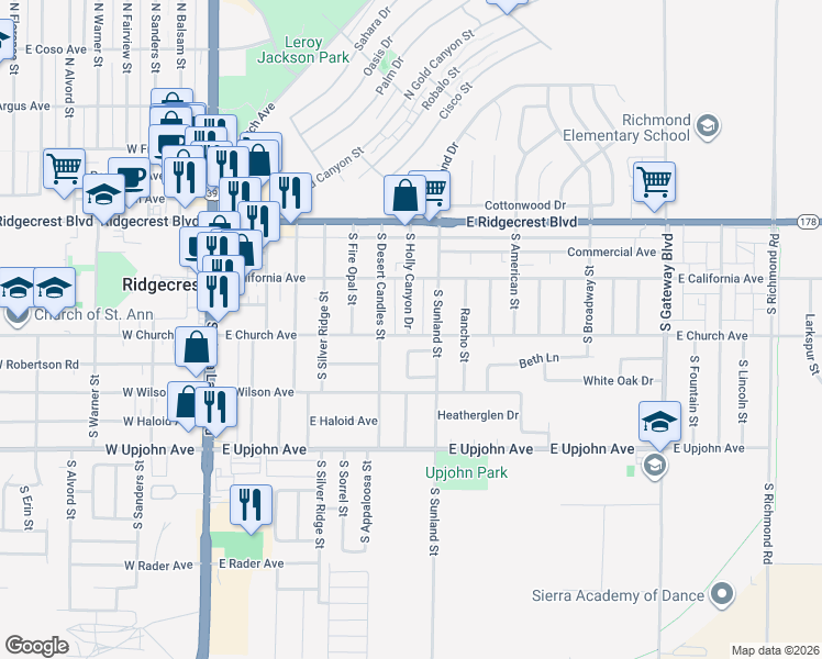 map of restaurants, bars, coffee shops, grocery stores, and more near 446 East Church Avenue in Ridgecrest