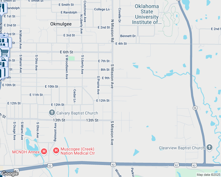 map of restaurants, bars, coffee shops, grocery stores, and more near 504 South Mission Avenue in Okmulgee