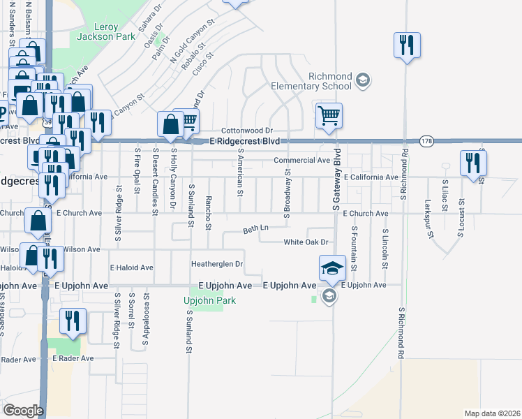 map of restaurants, bars, coffee shops, grocery stores, and more near 240 South Forest Knoll Street in Ridgecrest