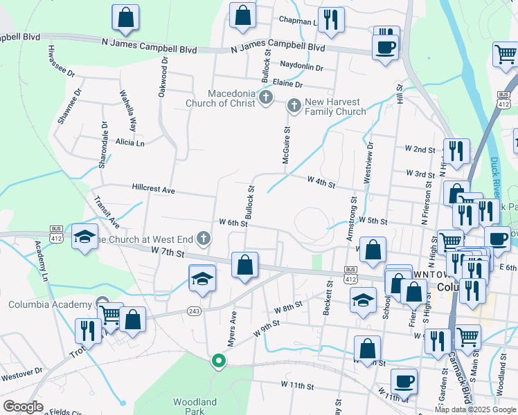 map of restaurants, bars, coffee shops, grocery stores, and more near 608 Bullock Street in Columbia