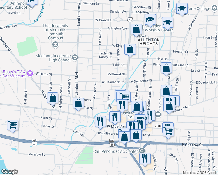 map of restaurants, bars, coffee shops, grocery stores, and more near 161 West Orleans Street in Jackson