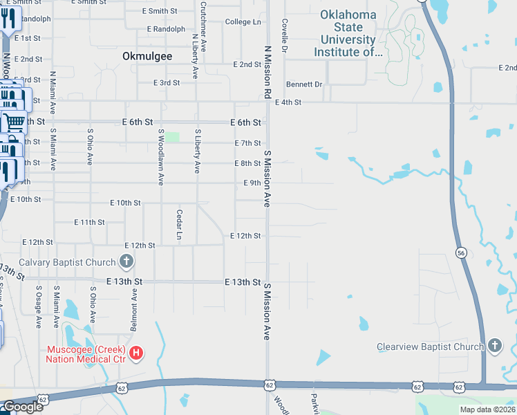 map of restaurants, bars, coffee shops, grocery stores, and more near 504 South Mission Avenue in Okmulgee