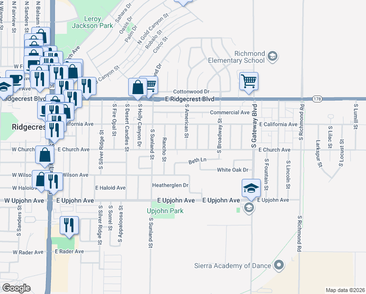 map of restaurants, bars, coffee shops, grocery stores, and more near 610 East Church Avenue in Ridgecrest