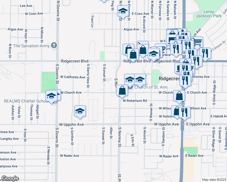 map of restaurants, bars, coffee shops, grocery stores, and more near 243 South Norma Street in Ridgecrest