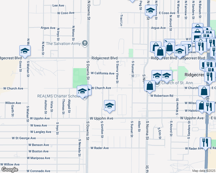 map of restaurants, bars, coffee shops, grocery stores, and more near 732 West Church Avenue in Ridgecrest