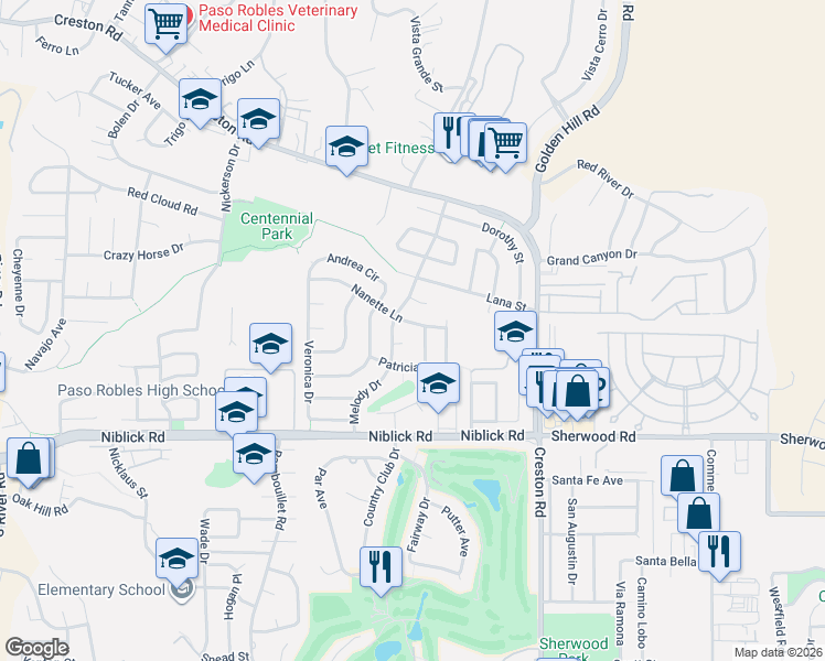 map of restaurants, bars, coffee shops, grocery stores, and more near 1105 Melody Court in Paso Robles