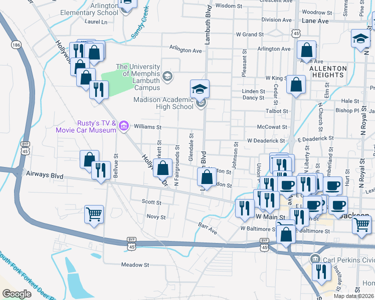 map of restaurants, bars, coffee shops, grocery stores, and more near 216 North Fairgrounds Street in Jackson