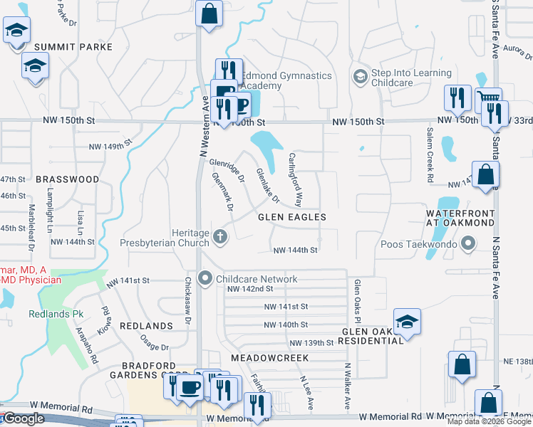 map of restaurants, bars, coffee shops, grocery stores, and more near 711 Glenridge Drive in Edmond