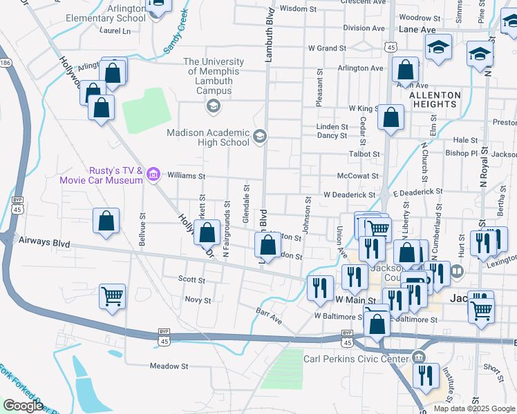 map of restaurants, bars, coffee shops, grocery stores, and more near 407 Lambuth Blvd in Jackson