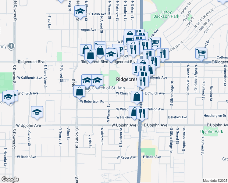 map of restaurants, bars, coffee shops, grocery stores, and more near 232 West Church Avenue in Ridgecrest