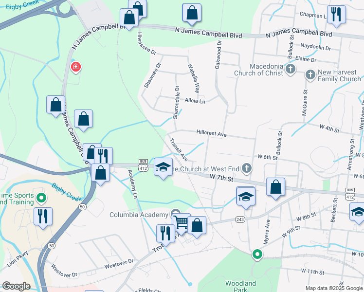 map of restaurants, bars, coffee shops, grocery stores, and more near 610 Transit Avenue in Columbia