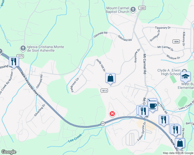map of restaurants, bars, coffee shops, grocery stores, and more near 15 Holly Hill Court in Asheville