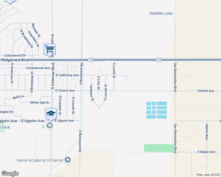 map of restaurants, bars, coffee shops, grocery stores, and more near 1300 East Church Avenue in Ridgecrest