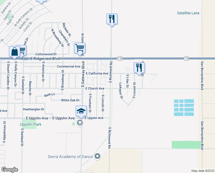 map of restaurants, bars, coffee shops, grocery stores, and more near 233 South Richmond Road in Ridgecrest