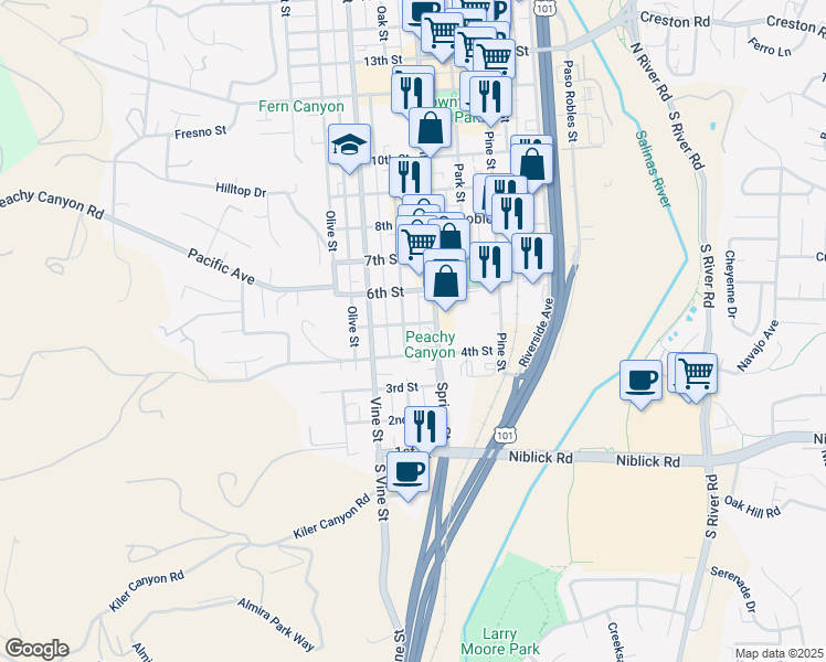 map of restaurants, bars, coffee shops, grocery stores, and more near 622 5th Street in Paso Robles