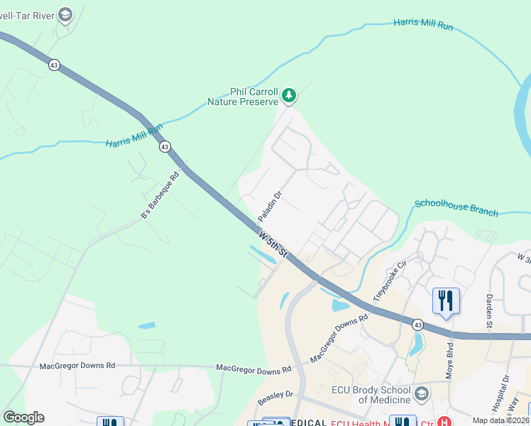 map of restaurants, bars, coffee shops, grocery stores, and more near 511 Paladin Drive in Greenville