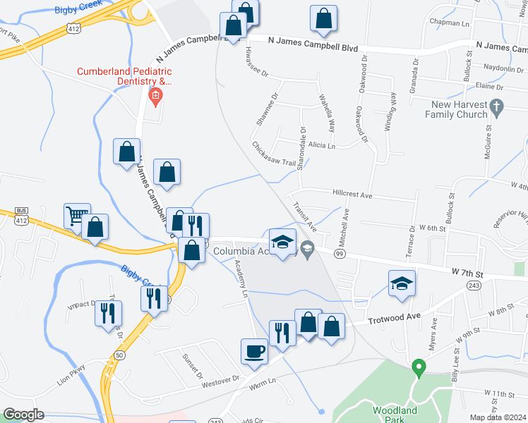 map of restaurants, bars, coffee shops, grocery stores, and more near 1106 West 7th Street in Columbia