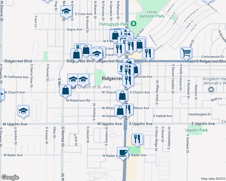 map of restaurants, bars, coffee shops, grocery stores, and more near 132 West Church Avenue in Ridgecrest