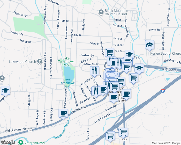 map of restaurants, bars, coffee shops, grocery stores, and more near 215 Laurel Circle Drive in Black Mountain