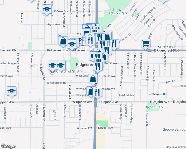 map of restaurants, bars, coffee shops, grocery stores, and more near 269 South China Lake Boulevard in Ridgecrest
