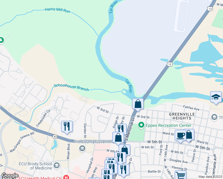 map of restaurants, bars, coffee shops, grocery stores, and more near 1812 West Conley Street in Greenville