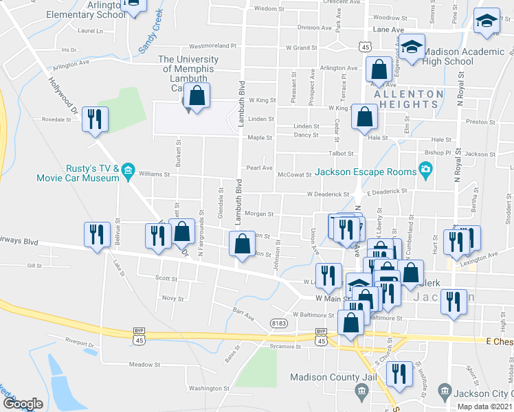 map of restaurants, bars, coffee shops, grocery stores, and more near 109 Weir Street in Jackson