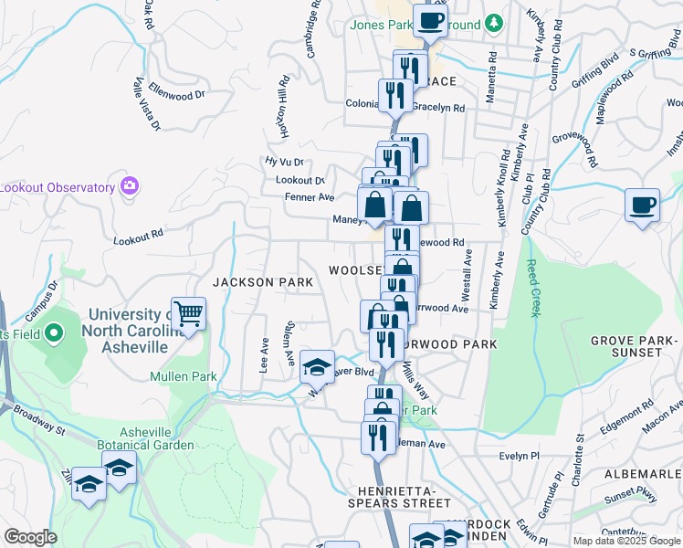 map of restaurants, bars, coffee shops, grocery stores, and more near 18 Durwood Drive in Asheville