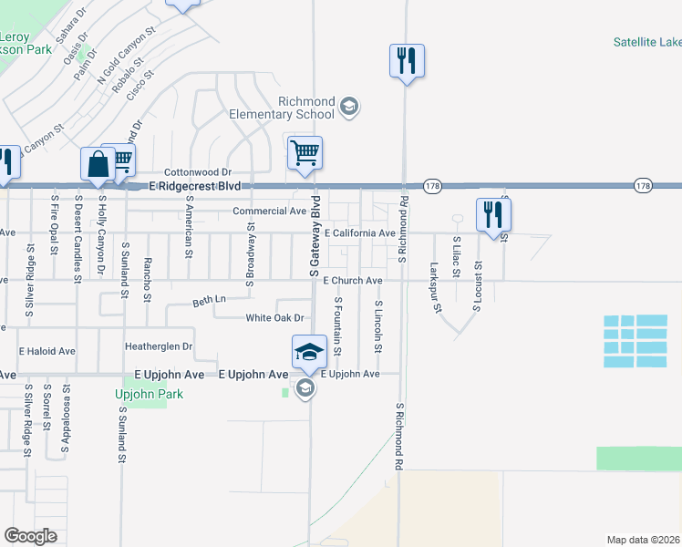 map of restaurants, bars, coffee shops, grocery stores, and more near 924 East Church Avenue in Ridgecrest